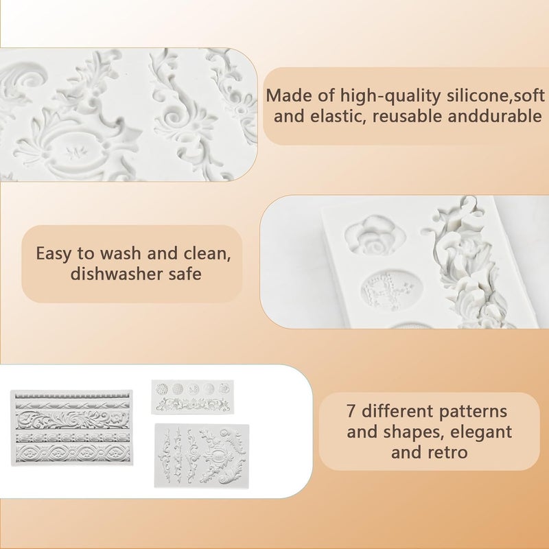 Pofflujent 3 Pcs Baroque Silicone Molds Baroque Style Curlicues Scroll Lace Fondant Silicone Mold Scroll silicone Baroque Mold Relief Flower Lace Mould for Wedding Birthday Cake Decoration - Image 3